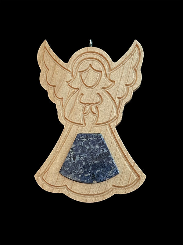 maple angel ornament with dumorteirite inlay