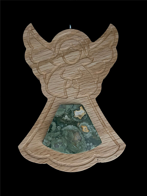 oak angel ornament with rainforest jasper inlay