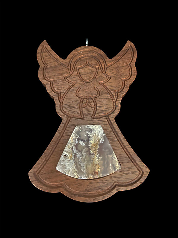 walnut angel ornament with bella vista plume agate inlay