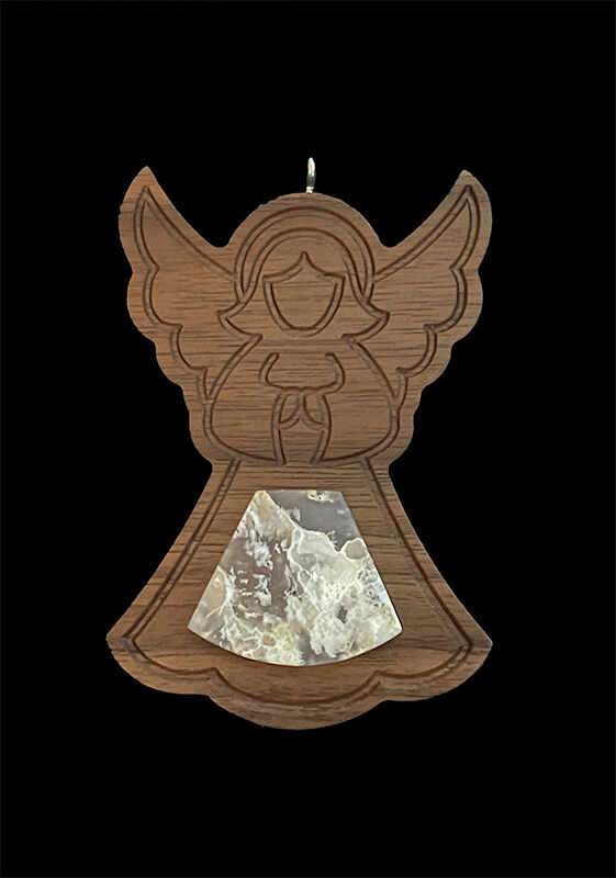 walnut angel ornament with bella vista plume agate inlay