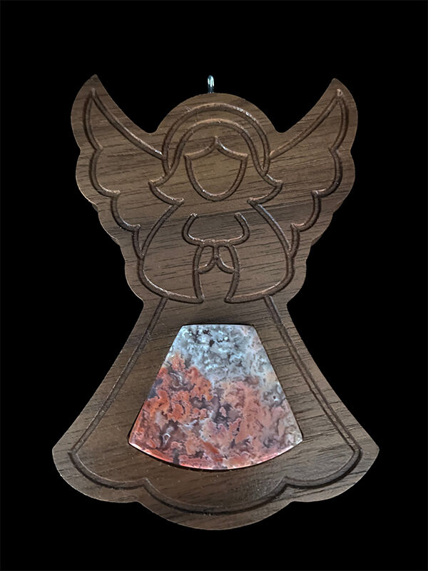 walnut angel ornament with feather ridge plume agate inlay