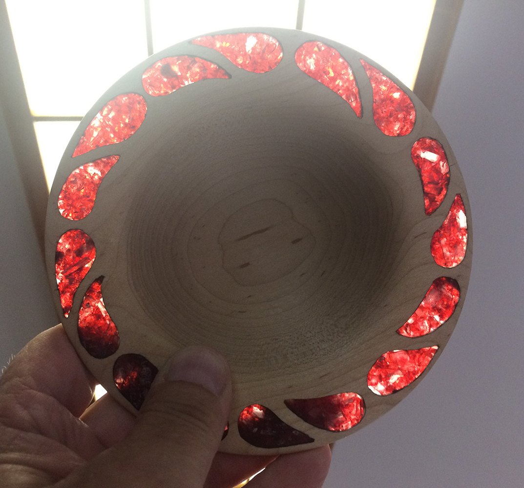 maple bowl with red epoxy and calcite inlay